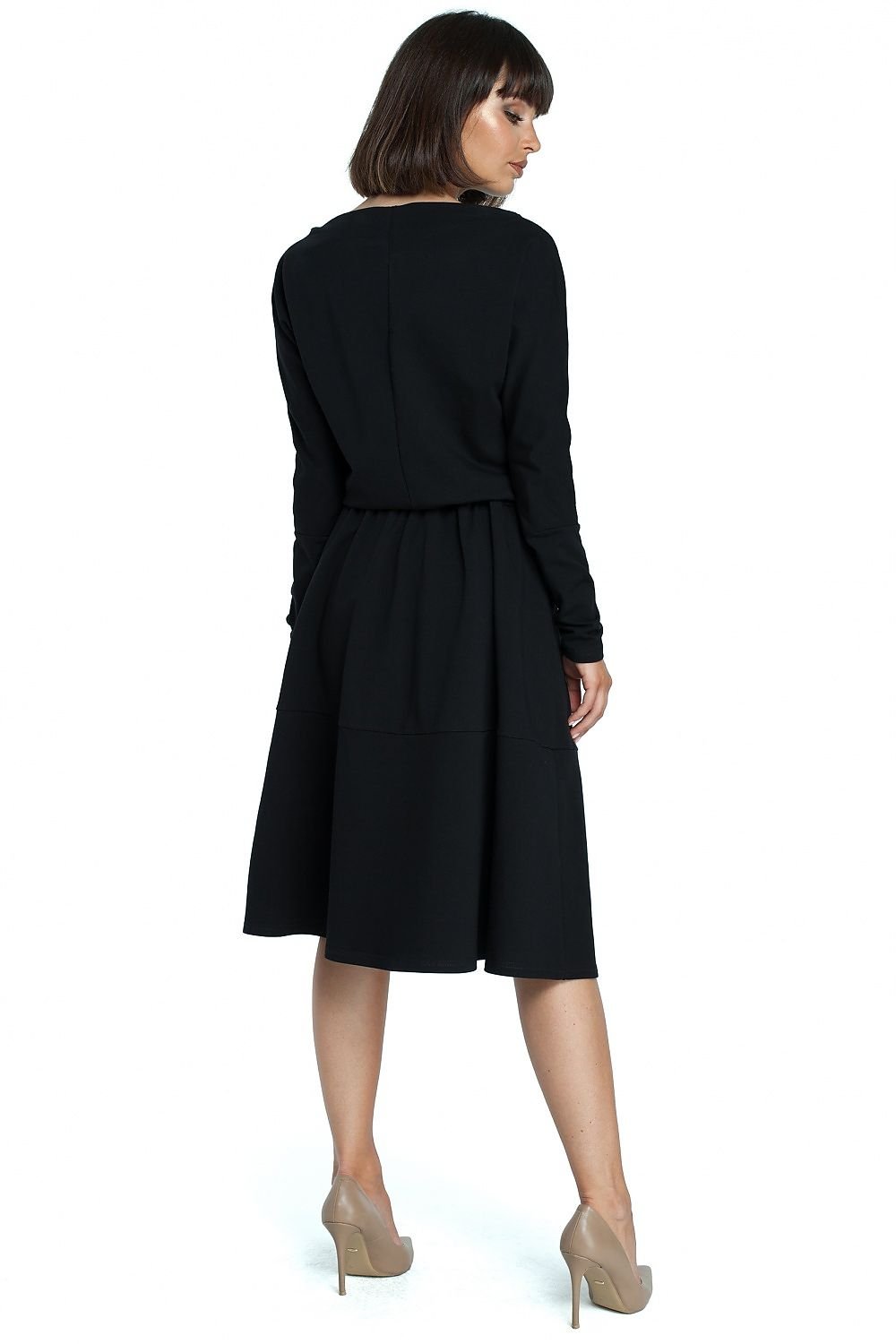 Flared Midi Dress with Waterfall Neckline and Pockets