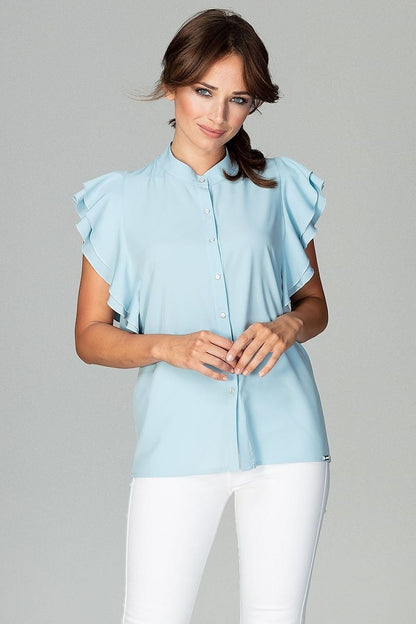 Relaxed Fit Women's Shirt with Ruffled Sleeves and Decorative Buttons