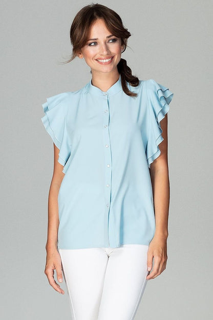 Relaxed Fit Women's Shirt with Ruffled Sleeves and Decorative Buttons