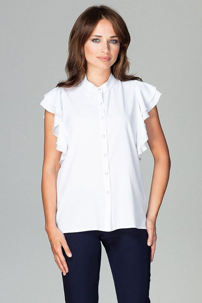 Relaxed Fit Women's Shirt with Ruffled Sleeves and Decorative Buttons