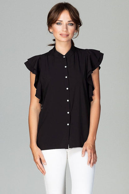 Relaxed Fit Women's Shirt with Ruffled Sleeves and Decorative Buttons