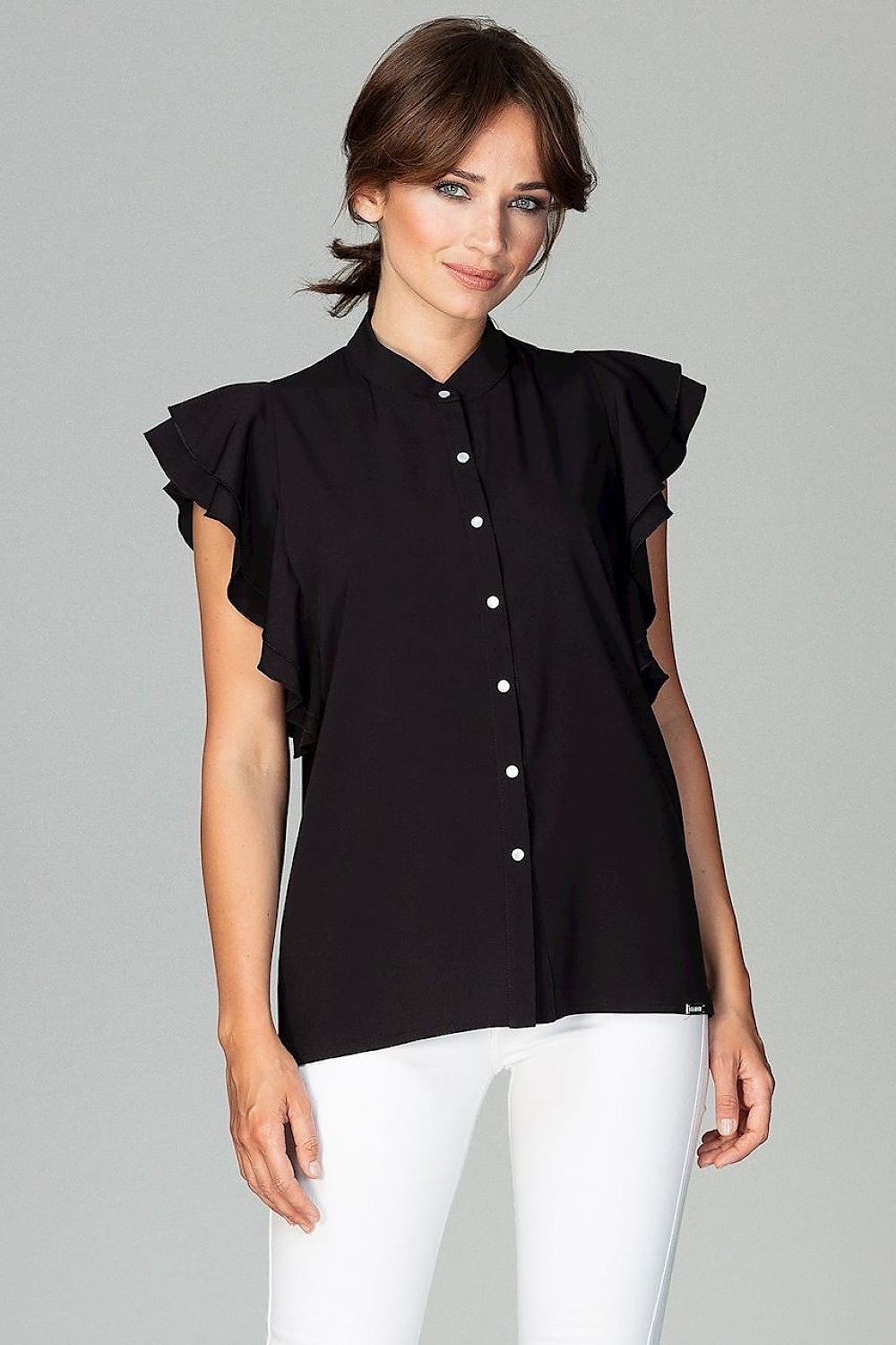 Relaxed Fit Women's Shirt with Ruffled Sleeves and Decorative Buttons