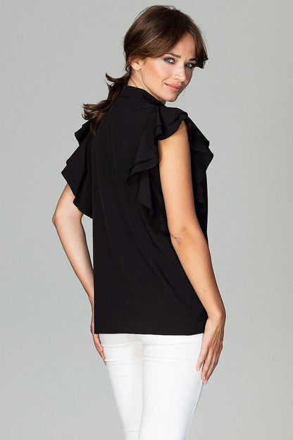 Relaxed Fit Women's Shirt with Ruffled Sleeves and Decorative Buttons