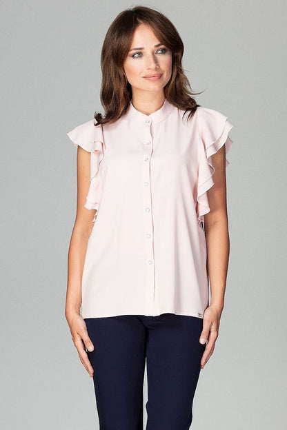 Relaxed Fit Women's Shirt with Ruffled Sleeves and Decorative Buttons