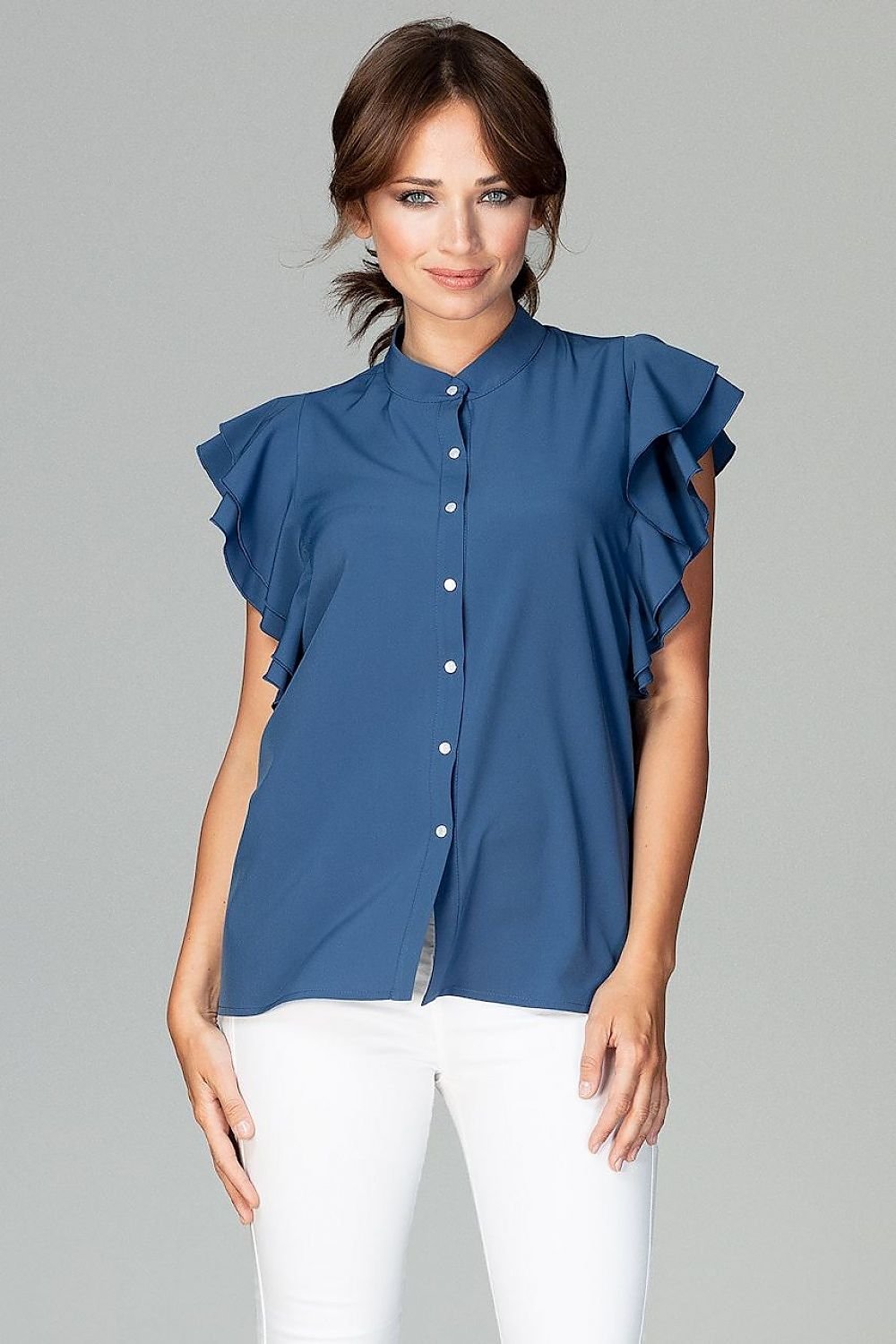 Relaxed Fit Women's Shirt with Ruffled Sleeves and Decorative Buttons