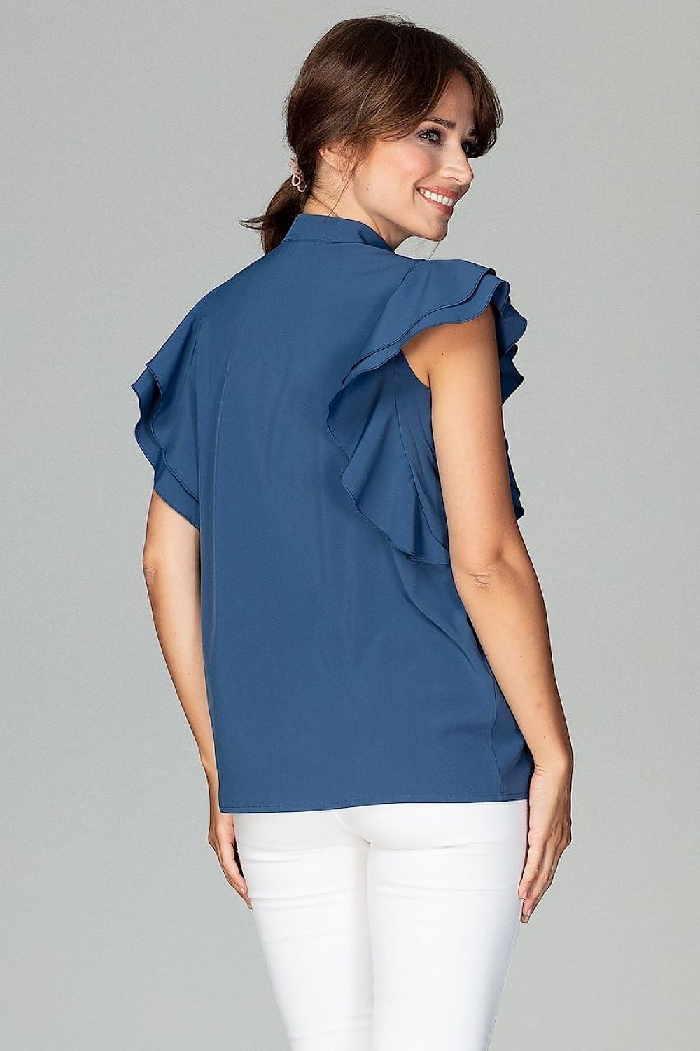 Relaxed Fit Women's Shirt with Ruffled Sleeves and Decorative Buttons