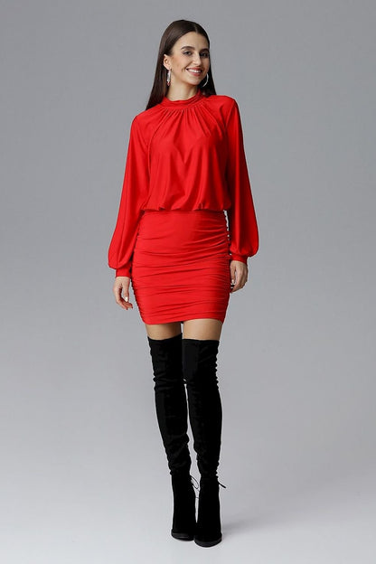 red elegant dress with long wide sleeves finished with a cuff, pleated neckline, side pleats at the bottom, and a covered zipper at the back, perfect for an evening out.






