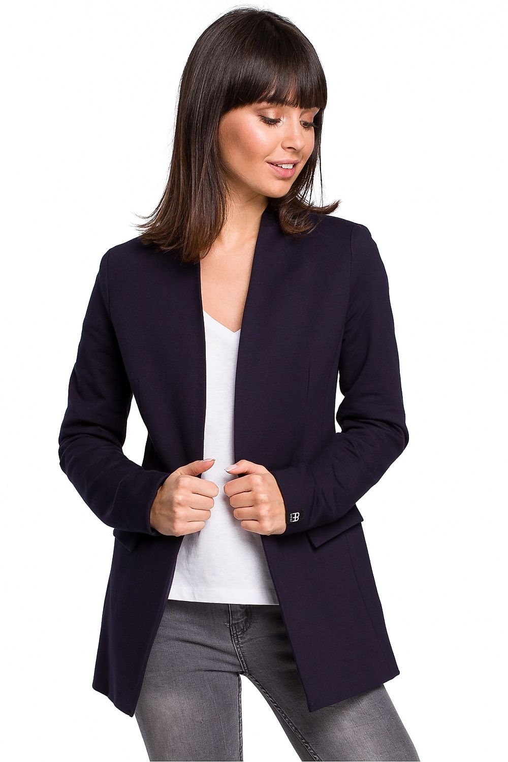 Cotton Knit Sequin Jacket with Elegant Unbuttoned Trim and Flap Pockets