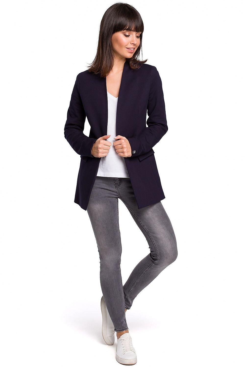 Cotton Knit Sequin Jacket with Elegant Unbuttoned Trim and Flap Pockets