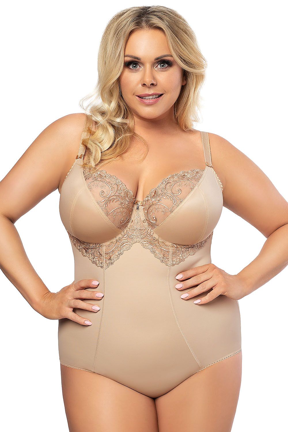 Elegant Microfiber Bodysuit for Larger Breasts with Embroidered Cups & Waist-Seaming