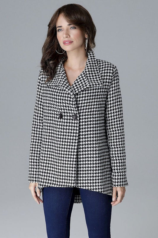 A stylish jacket featuring a two-button placket and a high stand-up collar for a modern, bold look. The sleeves have zippers for added edge, while the longer back with a zipper and side-seam pockets enhance both function and style. This jacket offers a versatile, unconventional design perfect for various occasions.