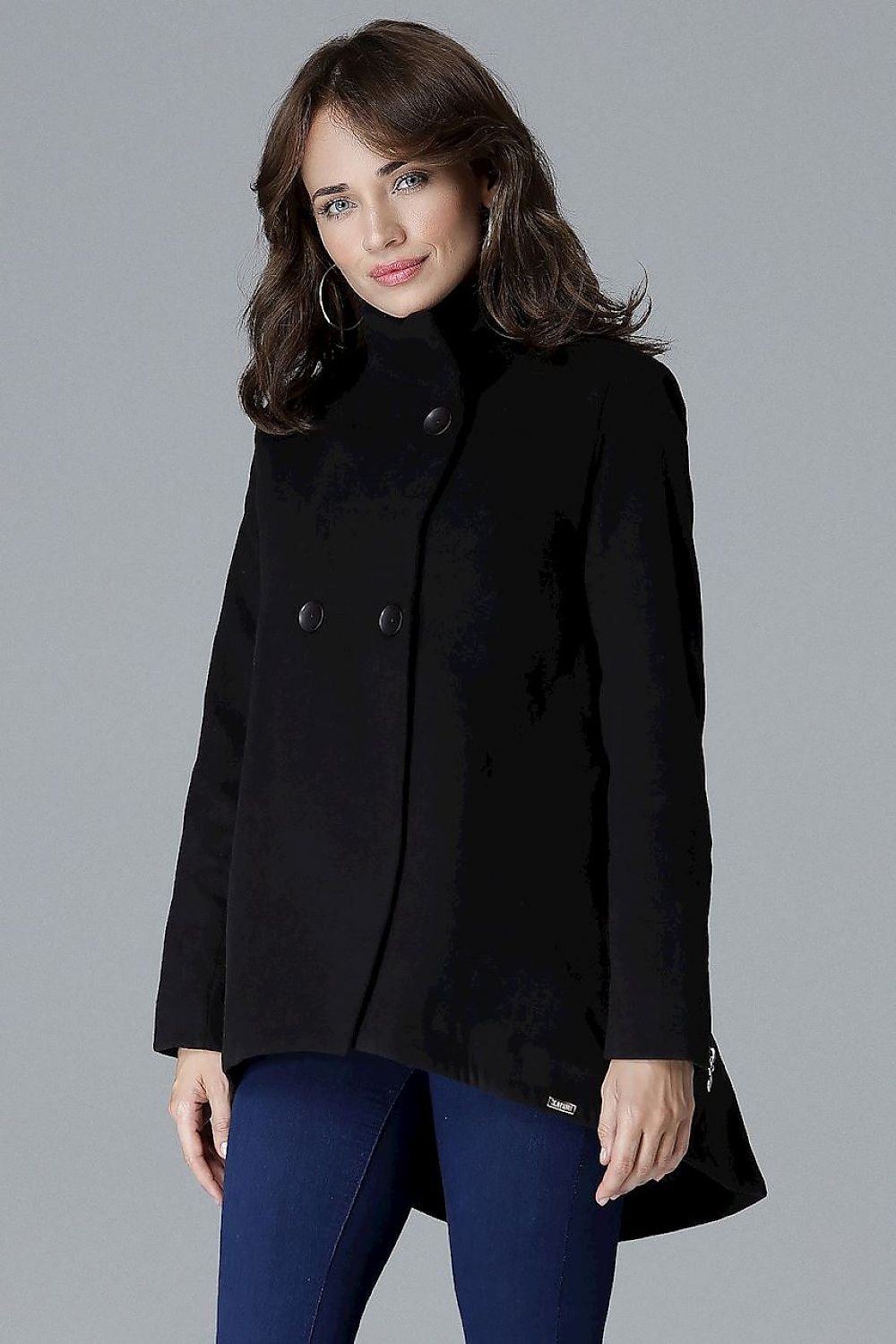 A stylish jacket featuring a two-button placket and a high stand-up collar for a modern, bold look. The sleeves have zippers for added edge, while the longer back with a zipper and side-seam pockets enhance both function and style. This jacket offers a versatile, unconventional design perfect for various occasions.