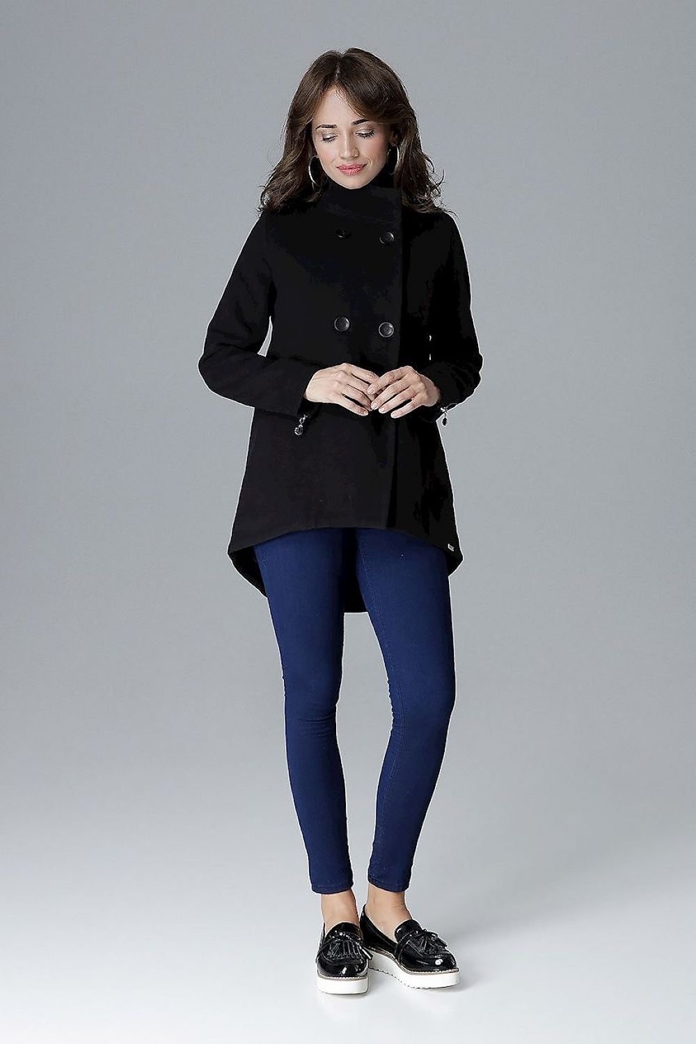 Fashionable Two-Button Jacket with Stand-Up Collar and Zipper Details