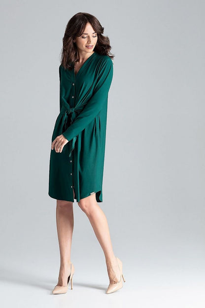 Elegant Shirt Dress with Waist Tie and Decorative Springs