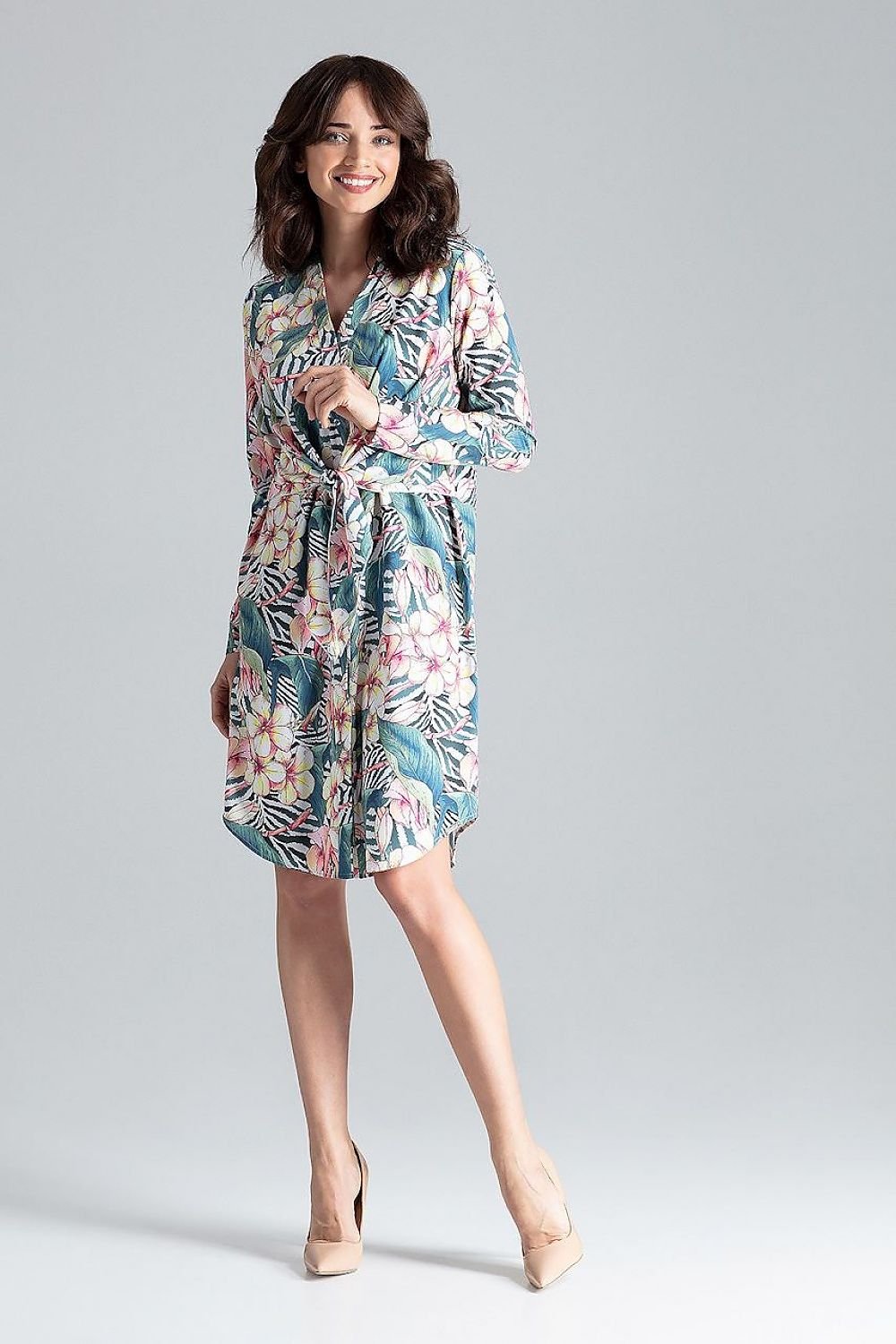 Elegant Shirt Dress with Waist Tie and Decorative Springs

