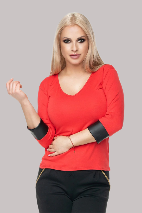 Fitted Cotton Blouse with V-Neck and Eco-Leather Cuffs - Ludowika 