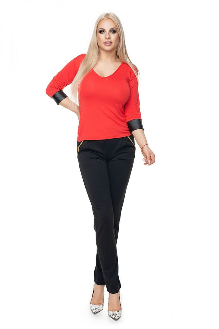 Fitted Cotton Blouse with V-Neck and Eco-Leather Cuffs - Ludowika 