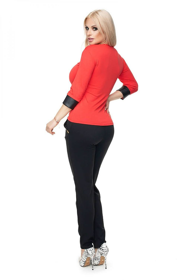 Fitted Cotton Blouse with V-Neck and Eco-Leather Cuffs - Ludowika 