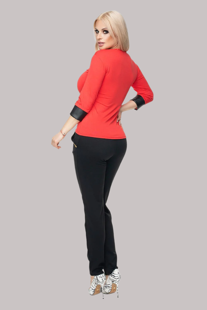 Fitted Cotton Blouse with V-Neck and Eco-Leather Cuffs - Ludowika 