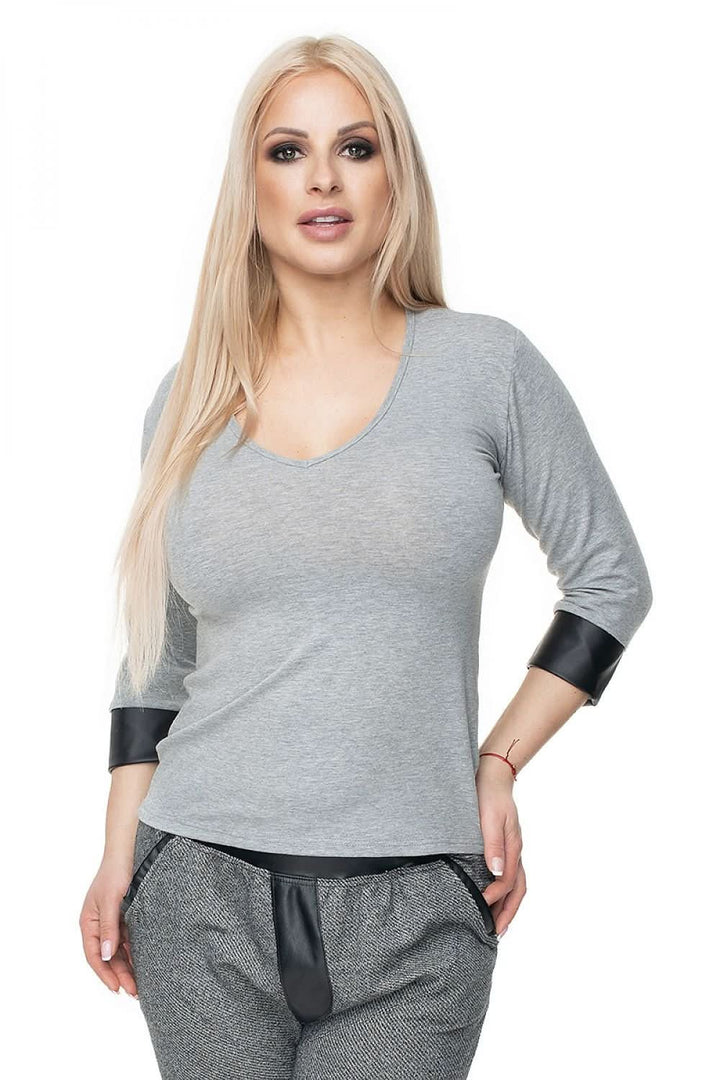 Fitted Cotton Blouse with V-Neck and Eco-Leather Cuffs - Ludowika 