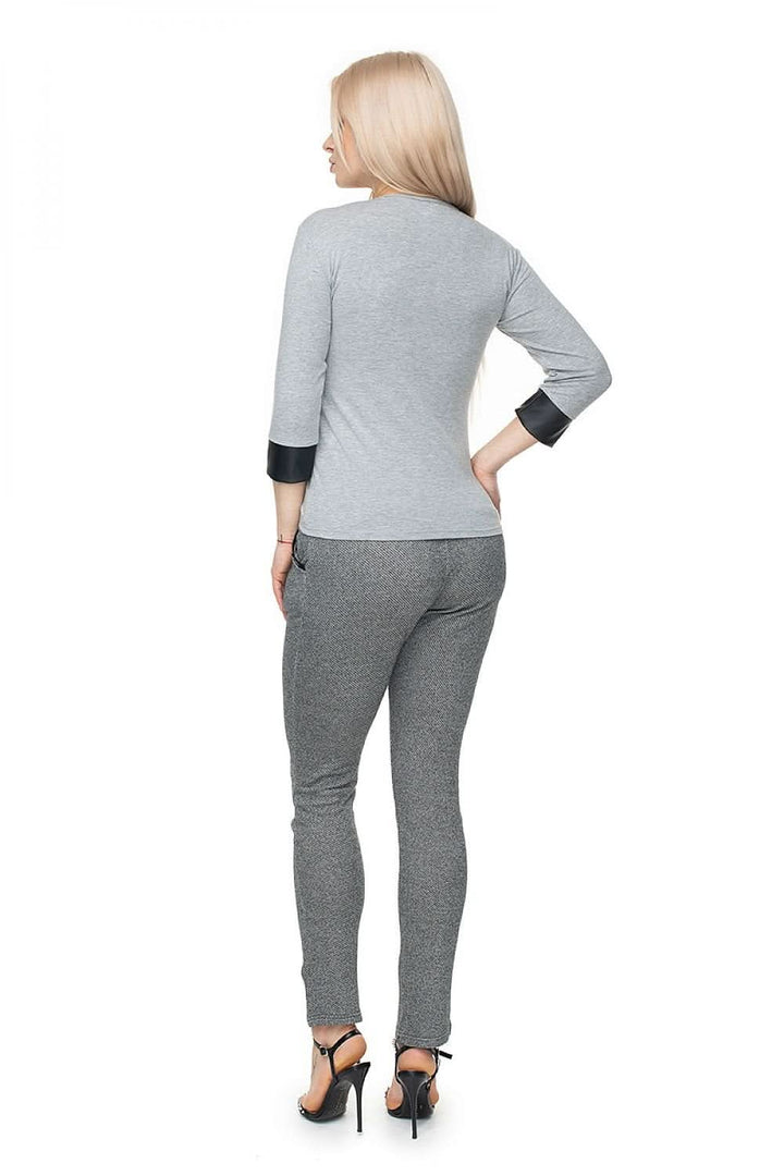 Fitted Cotton Blouse with V-Neck and Eco-Leather Cuffs - Ludowika 