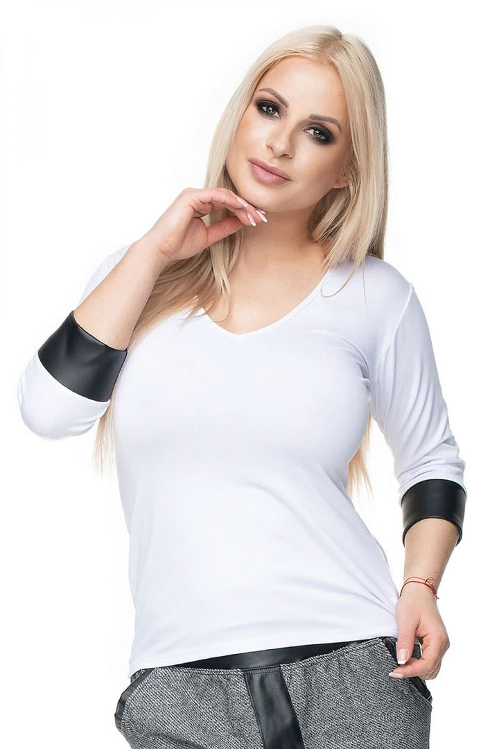 Fitted Cotton Blouse with V-Neck and Eco-Leather Cuffs - Ludowika 