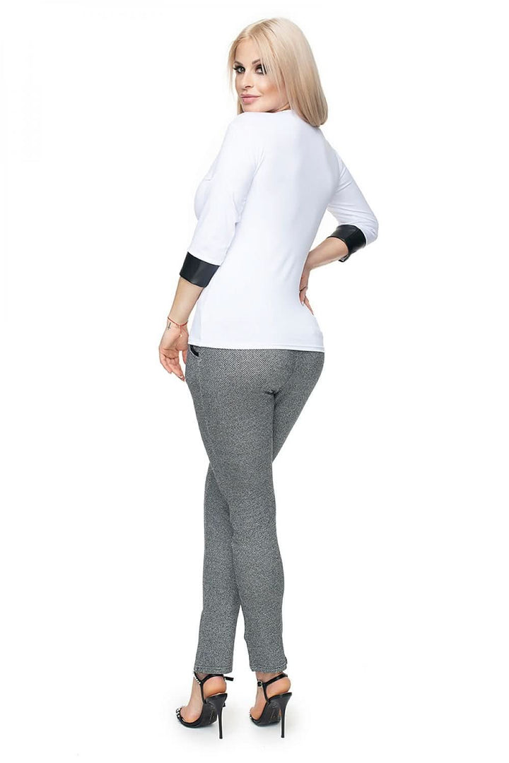 Fitted Cotton Blouse with V-Neck and Eco-Leather Cuffs - Ludowika 