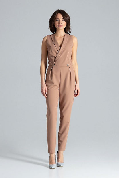 Classic sleeveless jumpsuit featuring lined narrow lapels, an envelope neckline, back zipper closure, waist darts, slanted side pockets, and silver-tone decorative snap fasteners.






