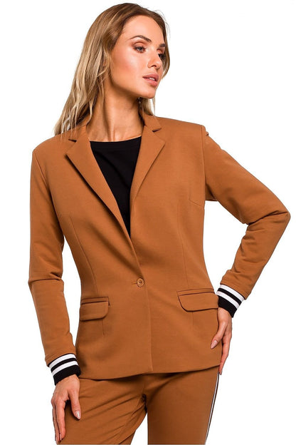 Sporty Elegance Jacket with Classic Cut, Ribbed Sleeves, and One-Button Closure