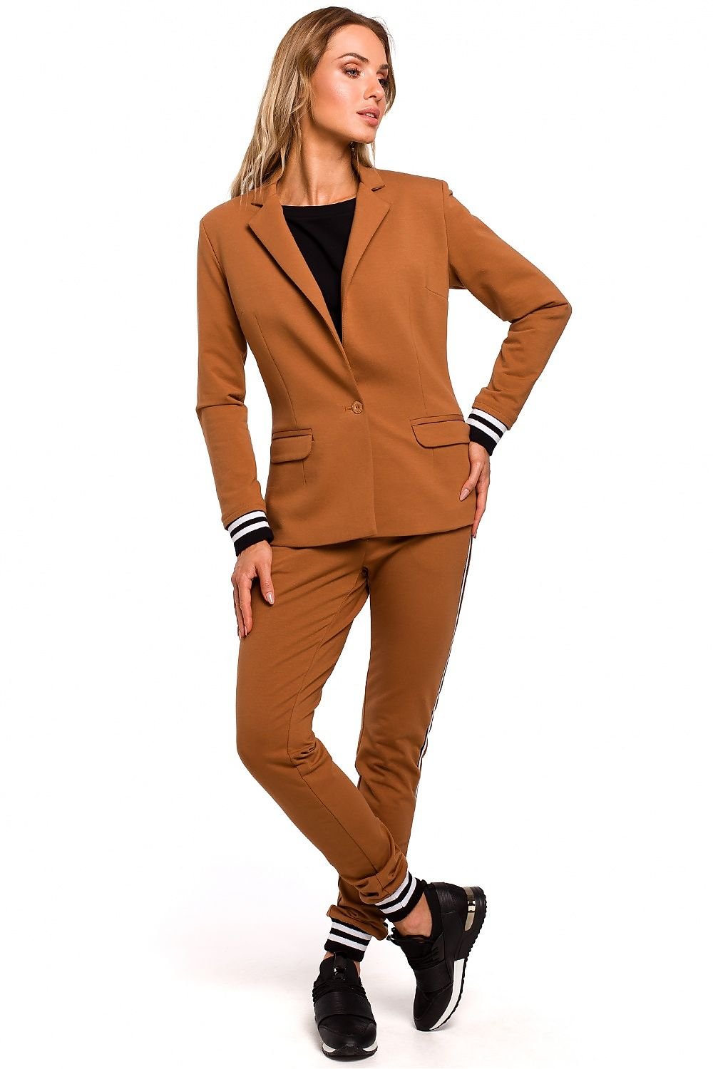 Sporty Elegance Jacket with Classic Cut, Ribbed Sleeves, and One-Button Closure