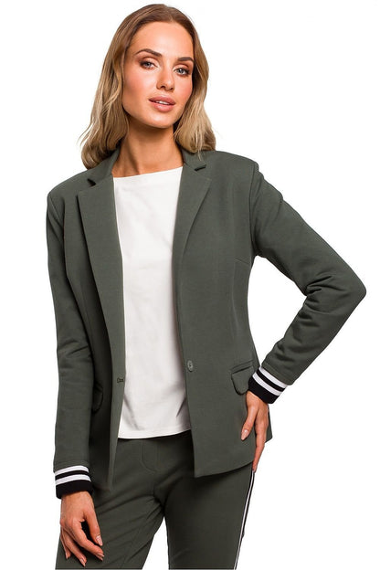 Sporty Elegance Jacket with Classic Cut, Ribbed Sleeves, and One-Button Closure