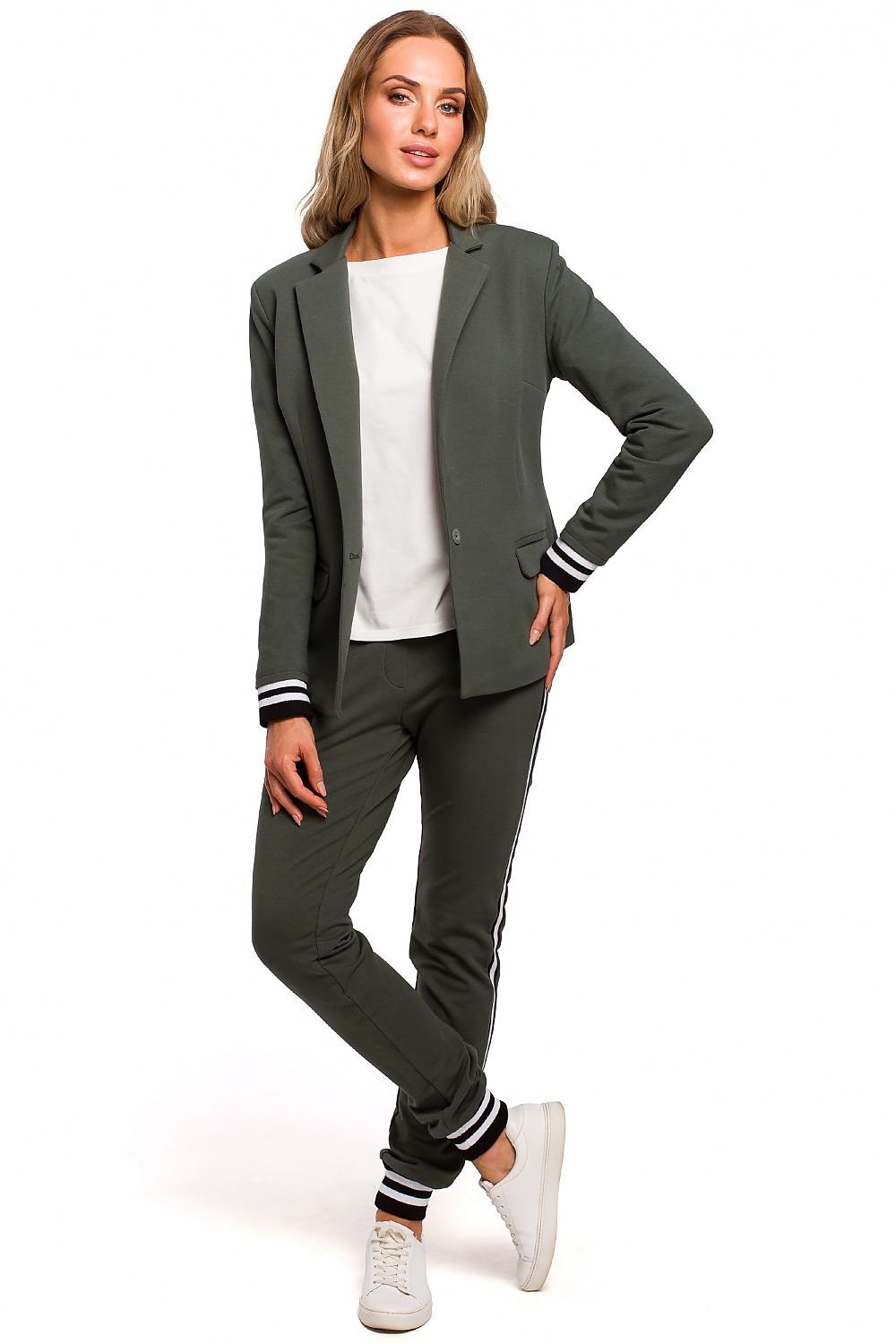 Sporty Elegance Jacket with Classic Cut, Ribbed Sleeves, and One-Button Closure