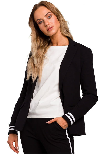 Sporty Elegance Jacket with Classic Cut, Ribbed Sleeves, and One-Button Closure