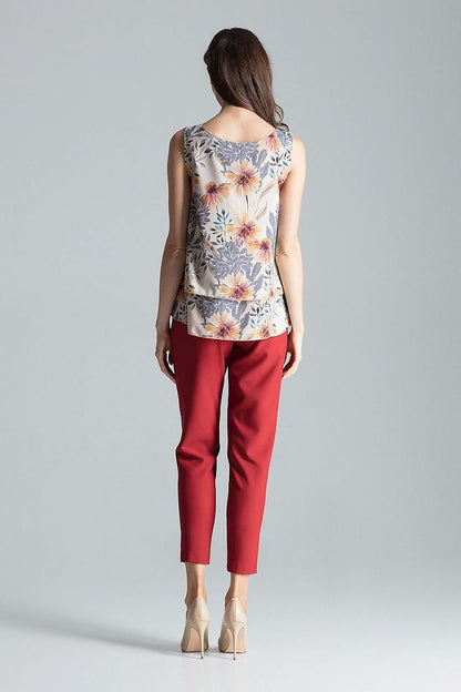 Charming Sleeveless Double-Layer Patterned Blouse with Half-Round Neckline