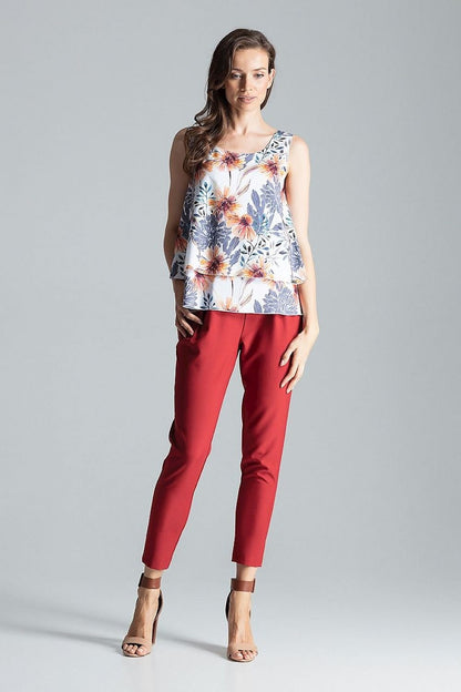 Charming Sleeveless Double-Layer Patterned Blouse with Half-Round Neckline