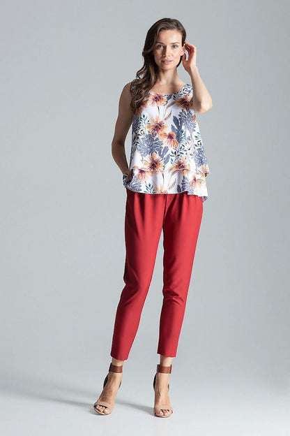 Charming Sleeveless Double-Layer Patterned Blouse with Half-Round Neckline