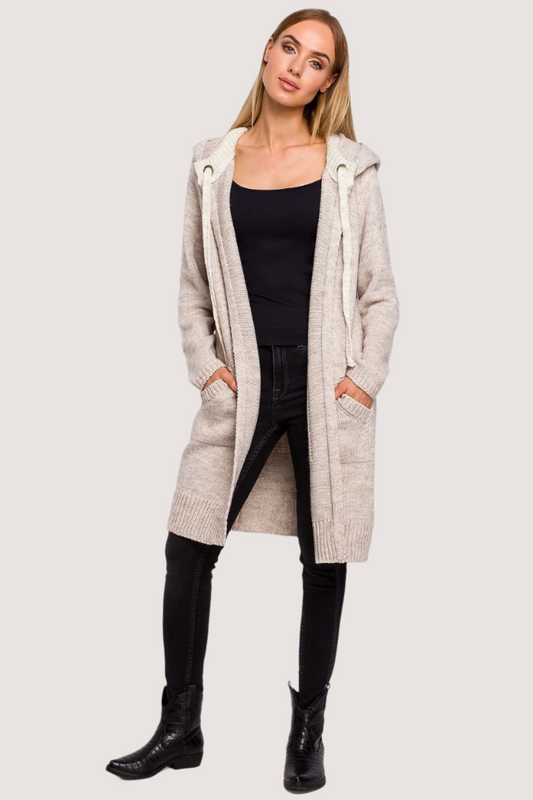 A unique cardigan featuring a hood with straps, stylish color combinations, and shiny thread details. A practical yet elegant addition to any everyday outfit.