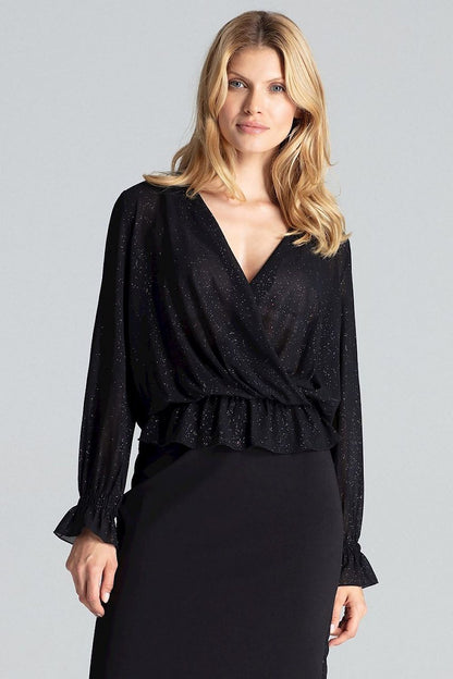  A brocade blouse with a slightly transparent fabric, featuring an envelope neckline, long sleeves, and elastic bands at the waist and cuffs for a flattering, comfortable fit.