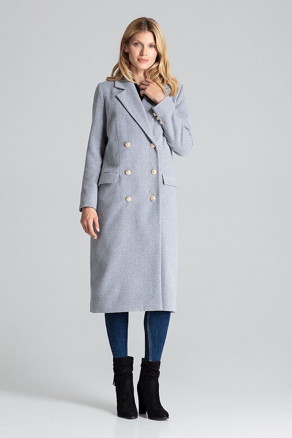 Navy double-breasted coat with gold decorative buttons, patch pockets, and a classic collar.






