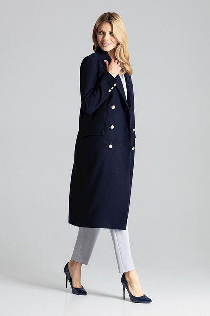 Navy double-breasted coat with gold decorative buttons, patch pockets, and a classic collar.






