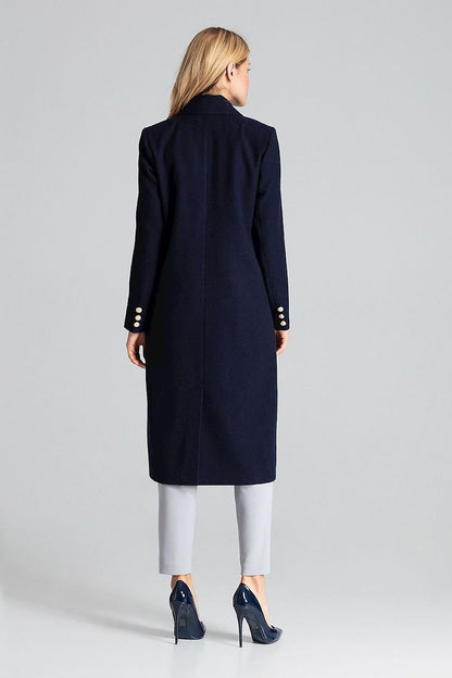 Navy double-breasted coat with gold decorative buttons, patch pockets, and a classic collar.






