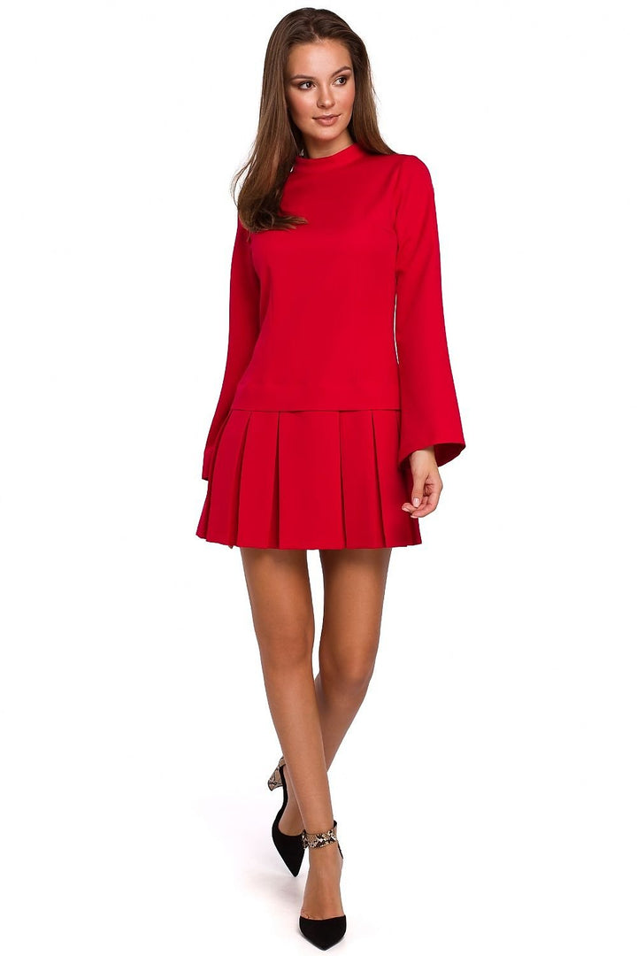 Contemporary Stand-Up Collar Dress with Flared Sleeves and Contrasting Folds - Ludowika 