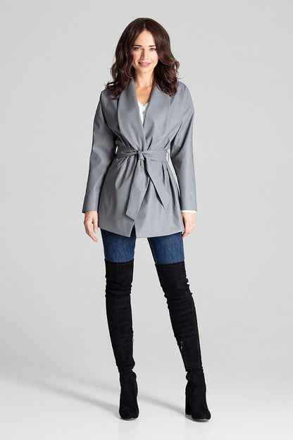 Grey Loose-Fitting Eco-Leather Jacket with Waist Tie