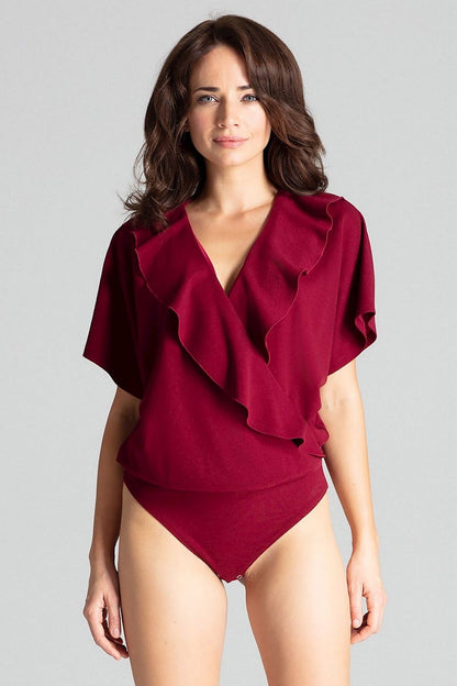 Bodysuit with Kimono Sleeves & Envelope Neckline with Ruffle Detail