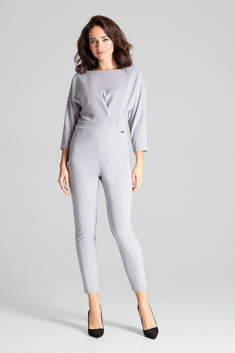 3/4-Sleeved Jumpsuit with Asymmetrical Pleats