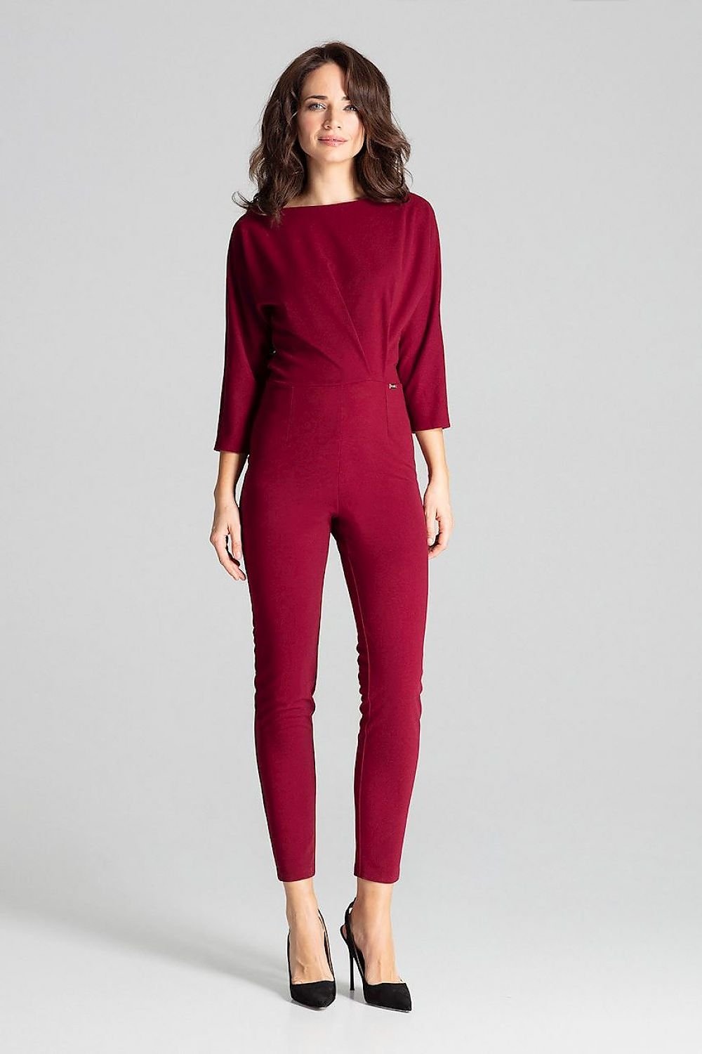 3/4-Sleeved Jumpsuit with Asymmetrical Pleats