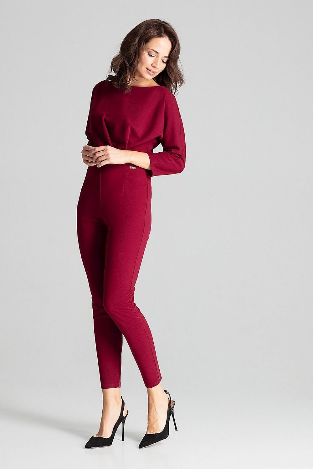 3/4-Sleeved Jumpsuit with Asymmetrical Pleats