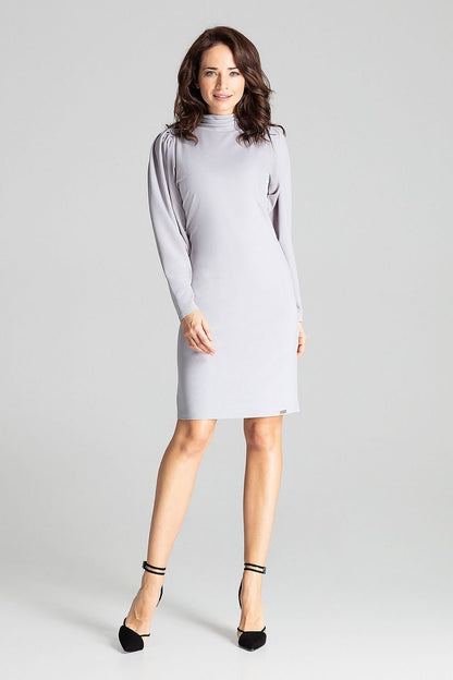 Fitted midi dress featuring long buffet sleeves, a creased turtleneck, and a concealed zip at the back for a sleek and sophisticated look.






