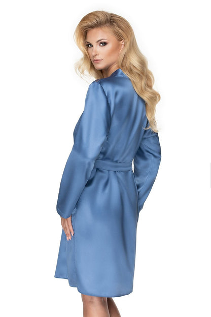 Sapphire Satin Dressing Gown with Lace-Accent Shoulders and Waist Tie