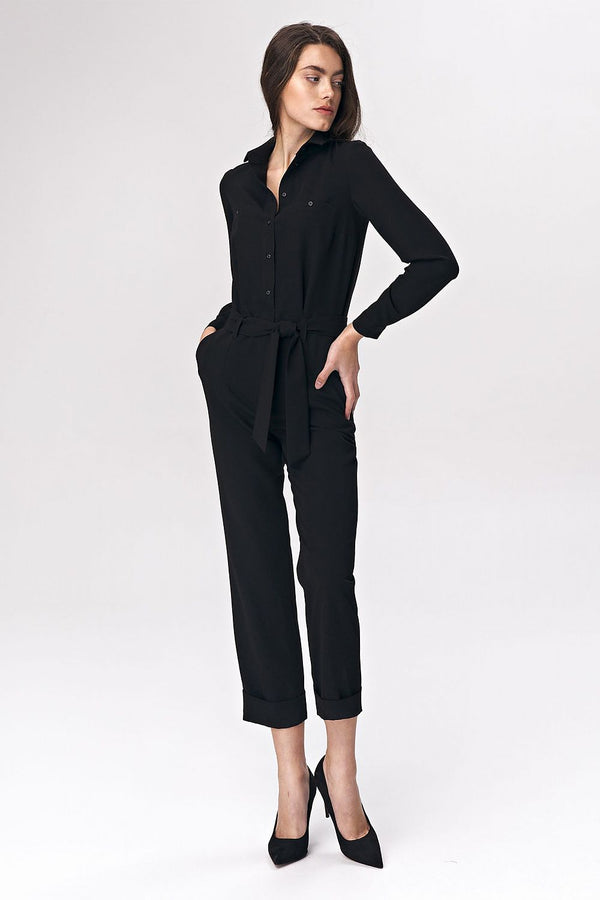 Black Women's Suit with Waist Tie and Elegant Collar - Ludowika 